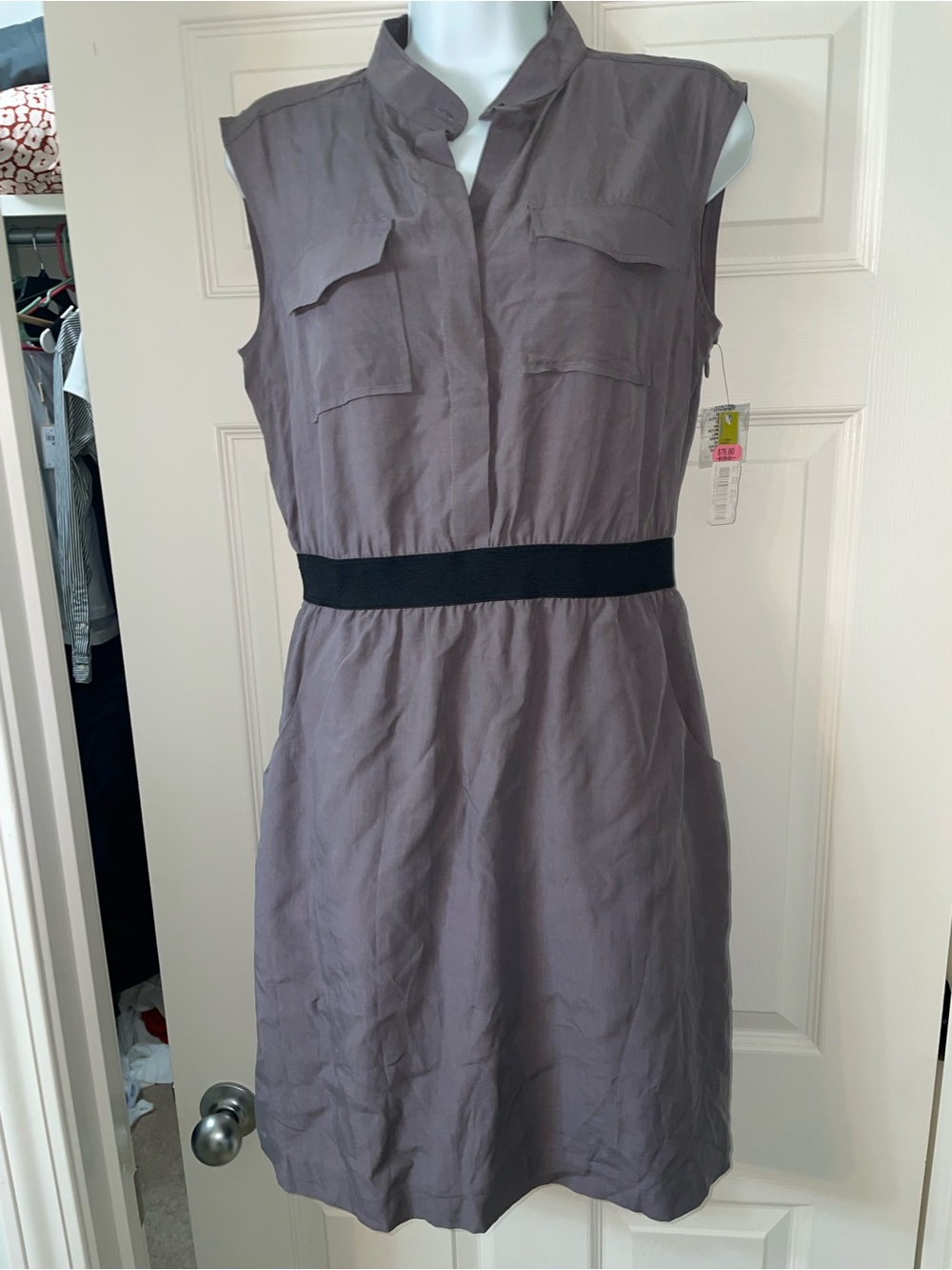 Gianni Bini Gray Sleeveless Shirt Dress with Black Waistband